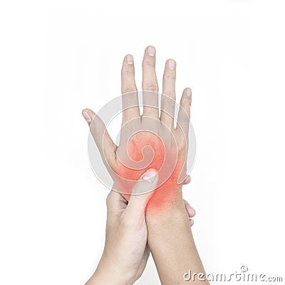 Throbbing pain in hand of Asian young man. Concept of hand injury Stock Photo