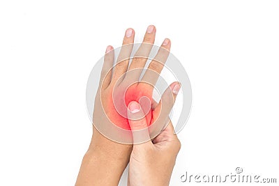 Throbbing pain in palm of Asian young man. Concept of cellulitis Stock Photo