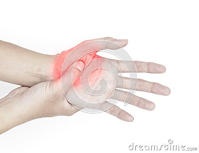 Throbbing pain in palm of Asian young man with diabetes. Concept of cellulitis Stock Photo