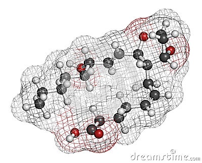 Thromboxane A2 TXA2 molecule. 3D rendering. Atoms are represented as spheres with conventional color coding: hydrogen white,. Stock Photo