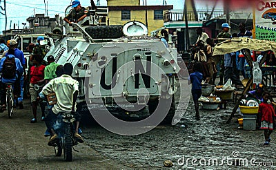 UN presence in Cap Haitien streets with throngs of people Editorial Stock Photo