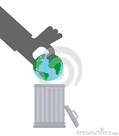 Throw Earth in trash. Hand throws Planet Earth into trash can Vector Illustration