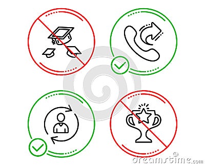 Throw hats, Share call and Person info icons set. Victory sign. Vector Vector Illustration