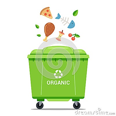 Throw organic waste into a large green dustbin. Vector Illustration