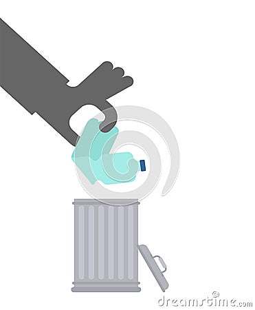 Throw plastic bottle in trash. Hand throws Plastic into trash can Vector Illustration