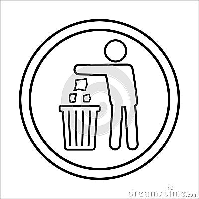 Throw the trash into the bin sign. Tidy man throws garbage in the trash bin signs. Keep clean please icon Stock Photo