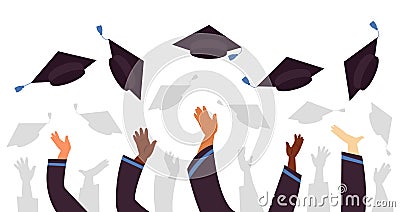 Throwing graduation caps. Cap flying up, student education celebration. University college or school, graduate with Vector Illustration