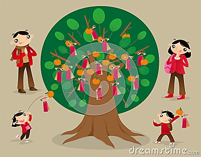 Throwing joss paper onto the Wishing Tree and make wishes Vector Illustration