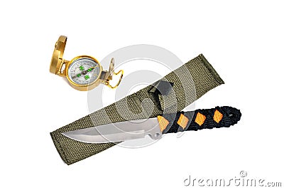 throwing knife and compass, white background Stock Photo