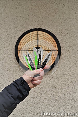 Throwing knives. Sport and hobby . Throwing knives in a man& x27;s hand and a target on the wall.Outdoor sports. Goal Stock Photo