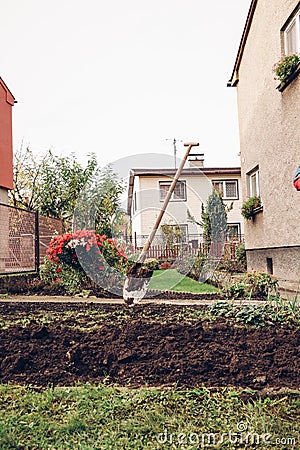 Thrown shovel flies through the air and is looking for its target. Garden engraving tool. The basic equipment of every gardener. Stock Photo