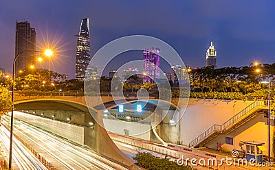 Thu Thiem Tunnel and financial buildings by night Editorial Stock Photo