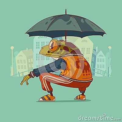 Thug frog with umbrella, vector illustration. Back view of cool sitting anthropomorphic frog Vector Illustration
