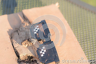 Thug life pixel model sunglasses shoot outside closeup. Selective focus Stock Photo