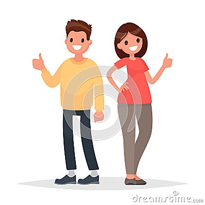 Thumb lifted up. Cool. Man and woman show approval gesture. Vector illustration Cartoon Illustration