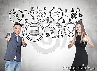 Thumb up business partners, trophy sketch Stock Photo