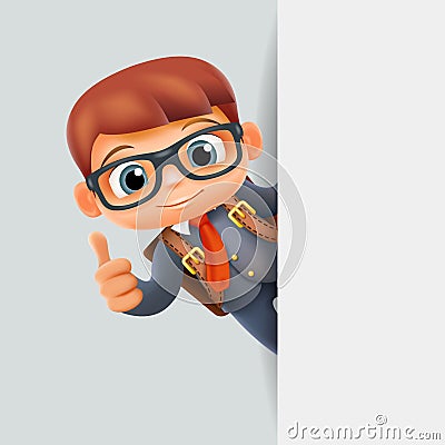 Thumb up hand gesture corner look out promotion schoolboy education excellent student school pupil nook 3d cartoon Vector Illustration