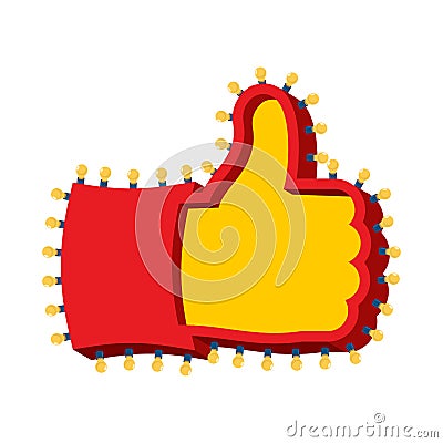 Thumb up sign with glowing lights. Like symbol of retro plate Ha Vector Illustration