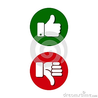 Thumb up, thumb down, green and red sillouettes. Vector Vector Illustration