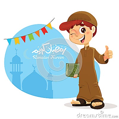 Thumb Up Young Muslim Boy Holding Quran Book Vector Illustration