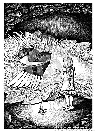 Thumbelina covered swallow. Hand drawn sketch ink illustration. Cartoon Illustration