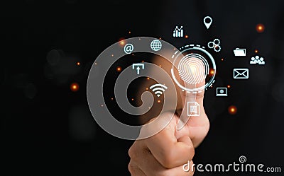 Thumbprint sensor digital data concept, Businessman fingerprint digital scanner. security electronic password code applications. Stock Photo