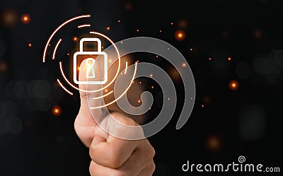 Thumbprint sensor digital data concept, Businessman fingerprint digital scanner. security electronic password code applications. Stock Photo