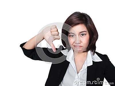 Thumbs down woman unhappy and negative giving disapproval Stock Photo