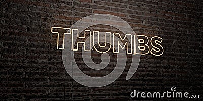 THUMBS -Realistic Neon Sign on Brick Wall background - 3D rendered royalty free stock image Stock Photo