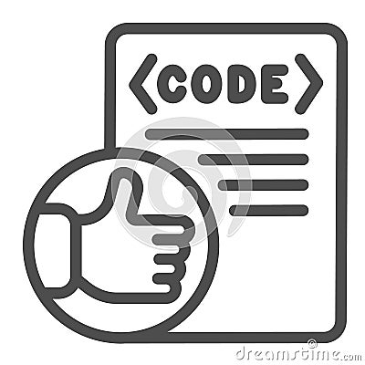 Thumbs up on code file, coding well done line icon, programming concept, software vector sign on white background Vector Illustration