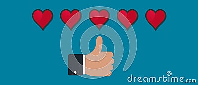 Thumbs Up Concept With Hand And Rating Hearts - Vector Illustration Isolated On Monochrome Background Vector Illustration