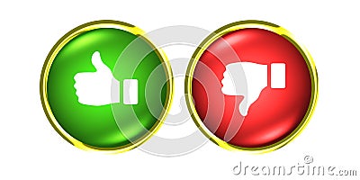 Thumbs up and down gold buttons like dislike red green Vector Illustration