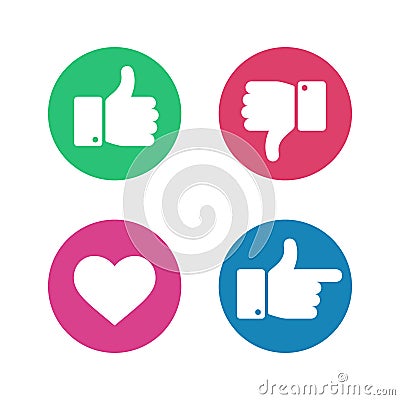 Thumbs up down sign. Point finger and heart icons in red and green circle. Social media love user reaction vector Vector Illustration