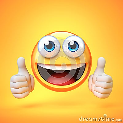 Thumbs up emoji isolated on yellow background, emoticon giving likes 3d rendering Cartoon Illustration