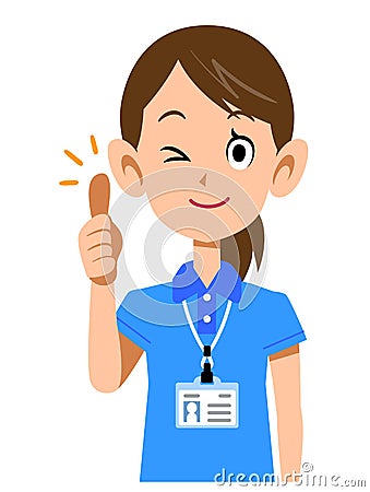 Thumbs up of a female staff member wearing a short-sleeved polo shirt and a name tag Vector Illustration
