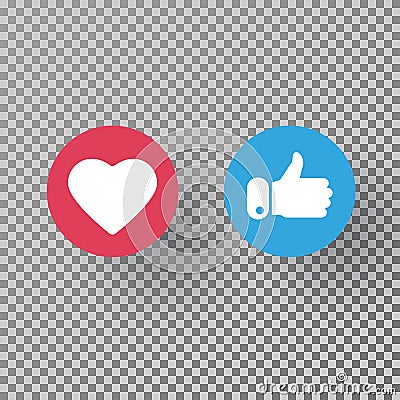 Thumbs up and heart icon on transparent background. Social media elements. Social network symbol. Counter notification icons. Emoj Vector Illustration