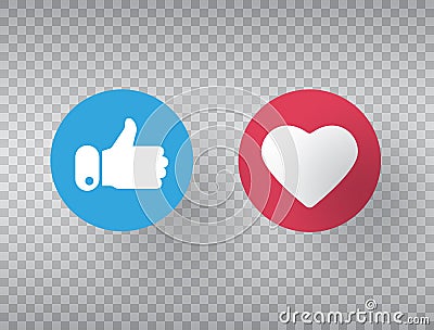 Thumbs up and heart icon on transparent background. Social network symbol. Counter notification icons. Social media Vector Illustration