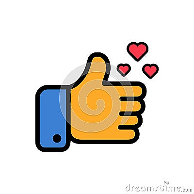 Thumbs up and hearts sign colorful flat vector icon. Simple button with user feedback for social network, mobile app or Vector Illustration