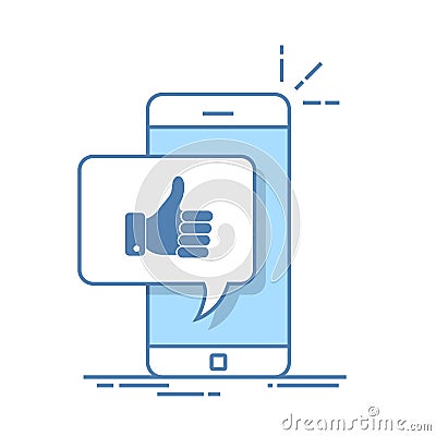 Thumbs up icon with smartphone. Like message on screen, like button. Social network, social media usage on mobile device Vector Illustration