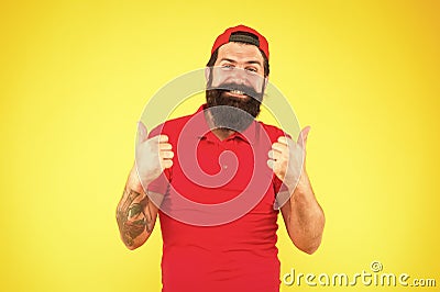 Thumbs up. Man happy cheerful face support or recommend. Guy happy emotional expression. Approve or recommend concept Stock Photo