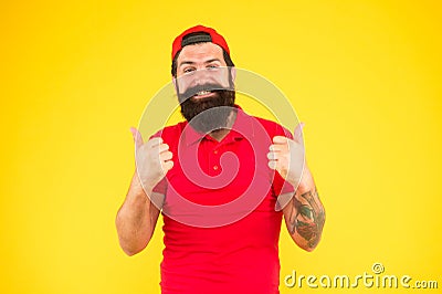 Thumbs up. Man happy cheerful face support or recommend. Guy happy emotional expression. Approve or recommend concept Stock Photo