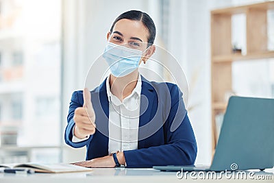 Thumbs up, mask portrait and Covid safety business woman with face protection for serious illness. Corporate virus Stock Photo