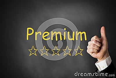 Thumbs up premium quality rating stars Stock Photo