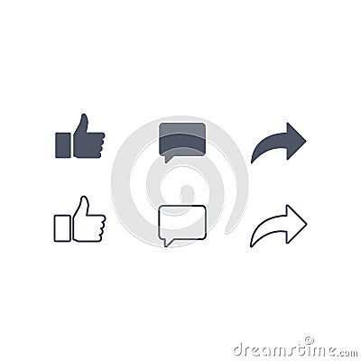 Thumbs up and with repost and comment icons on a white background. Social media icon, empathetic emoji reactions icon Vector Illustration
