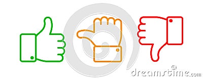 Thumbs up set. Green like red dislike and yellow undecided line icons. Thumb up and down vector outline isolated web Vector Illustration