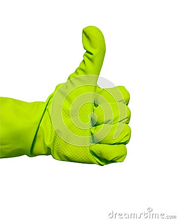Thumbs up sign in green vinyl glove Stock Photo