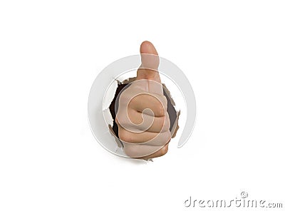 Thumbs Up Success Hand Breaking Through Wall Stock Photo