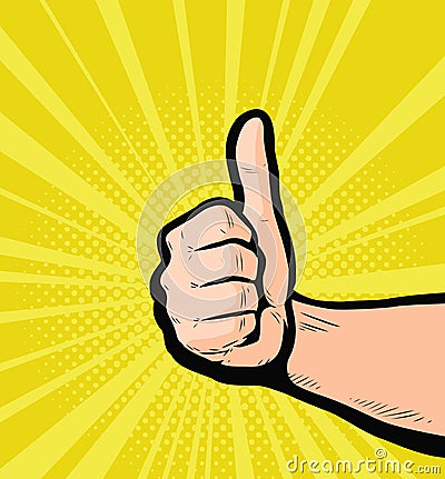 Thumbs up, success. Retro comic pop art vector illustration Vector Illustration