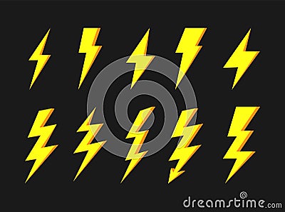 Thunder and bolt lighting elements. Flash icons set. Elestric blitz. thunderbolt on white background Stock Photo