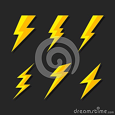 Thunder and Bolt Lighting Flash Icons Set. Flat Style on Dark Background. Vector Vector Illustration